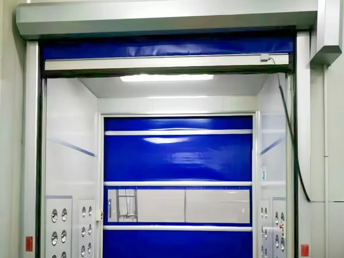 Blue curtain with a vision panel