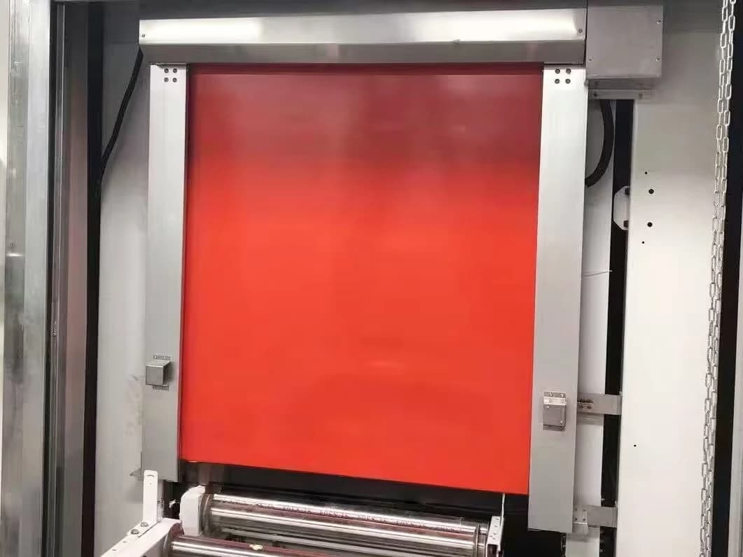 Red curtain at an internal process opening